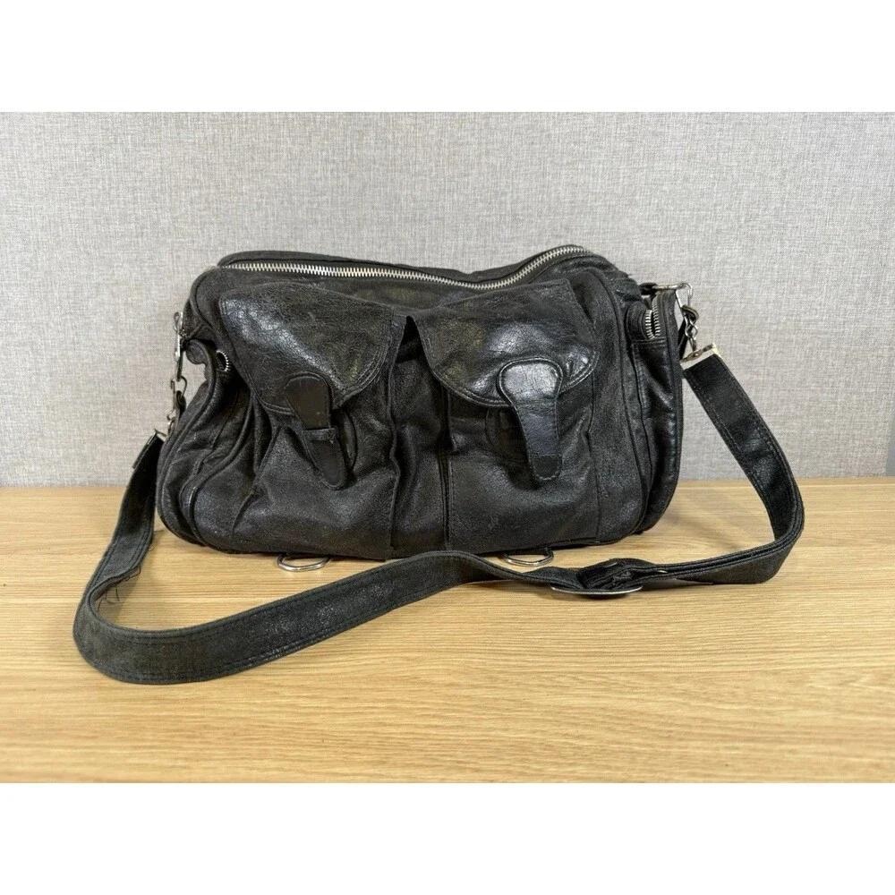 Vintage Unbranded Black Multi-Pocket Utility Crossbody Bag - Heavily Distressed